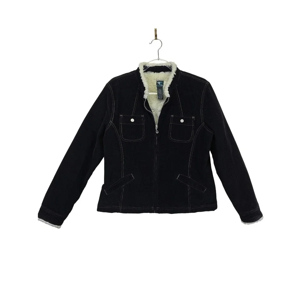 Y2K French Cuff Corduroy Jacket‎ Womens L Black Sherpa Lined Grunge Cozy Fall